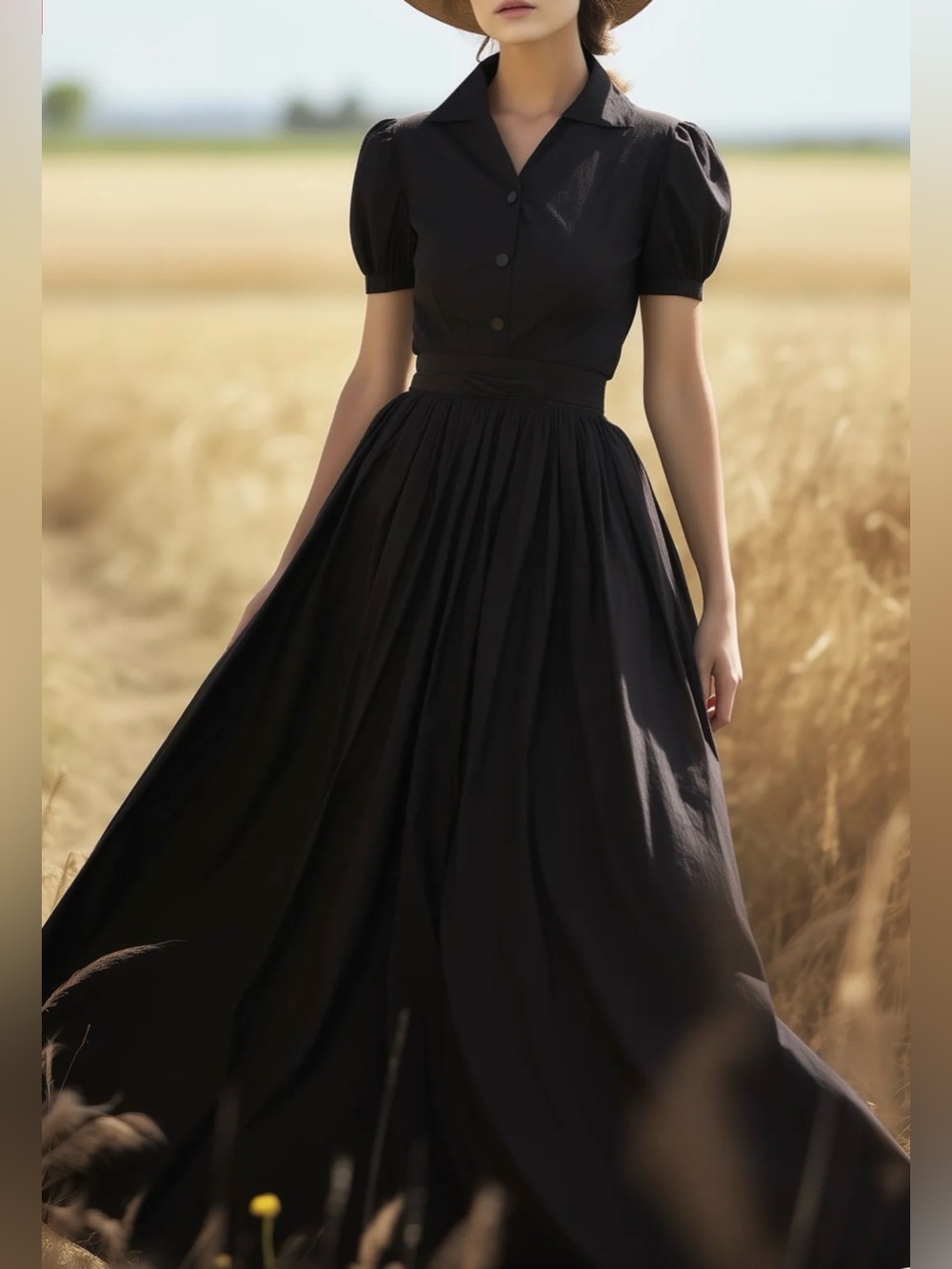 Elegant Black Button-Front Maxi Dress with Waist Tie #304